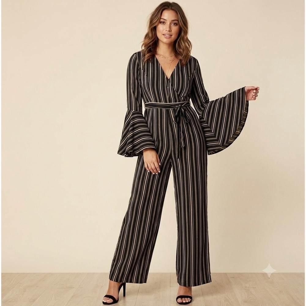 Altar'd State Striped Bell Sleeve Wide Leg Jumpsuit M Retro Boho Parisian Chic